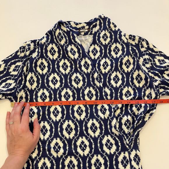 J. McLaughlin Catalina Cloth Faux-Wrap Dress Small Navy Geometric Office Stretch - Picture 8 of 13